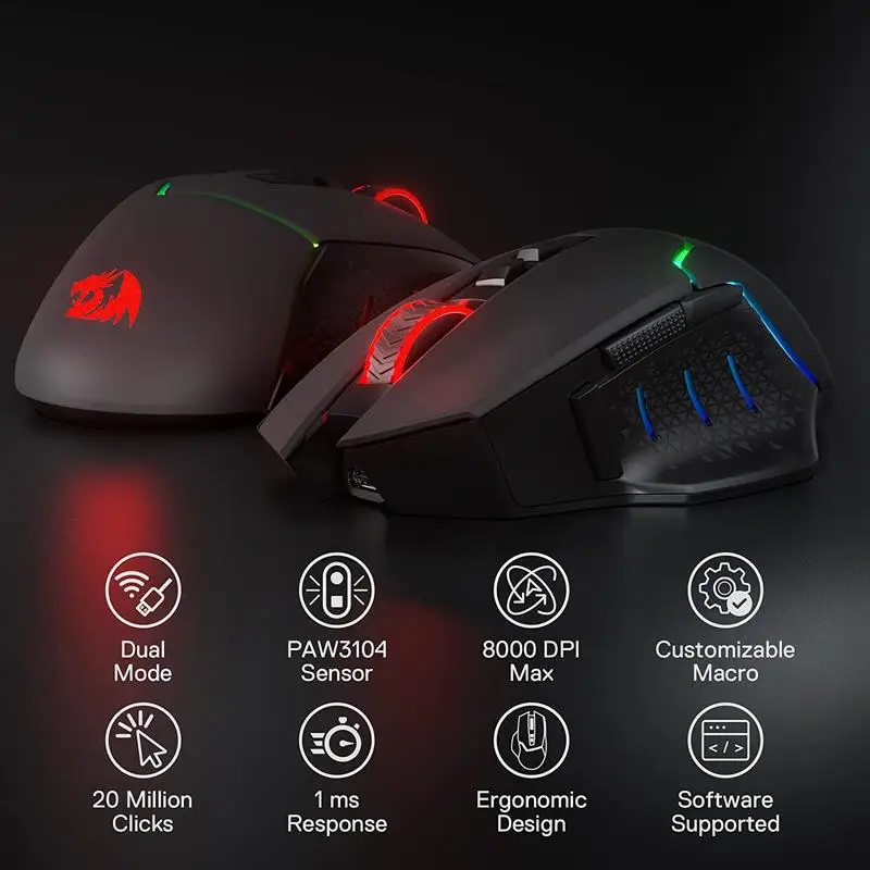 Redragon M690 PRO Wireless Gaming Mouse 8000 DPI Wired Mouse Rapid Fire Key 8 Macro Buttons for PC/Mac/Laptop, Black/White Mouse - Image 2