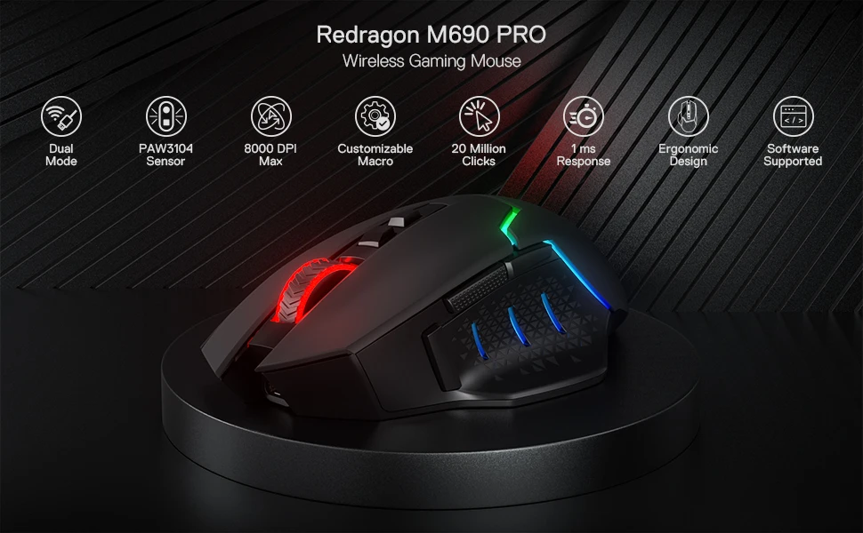 Redragon M690 PRO Wireless Gaming Mouse 8000 DPI Wired Mouse Rapid Fire Key 8 Macro Buttons for PC/Mac/Laptop, Black/White Mouse - Image 9