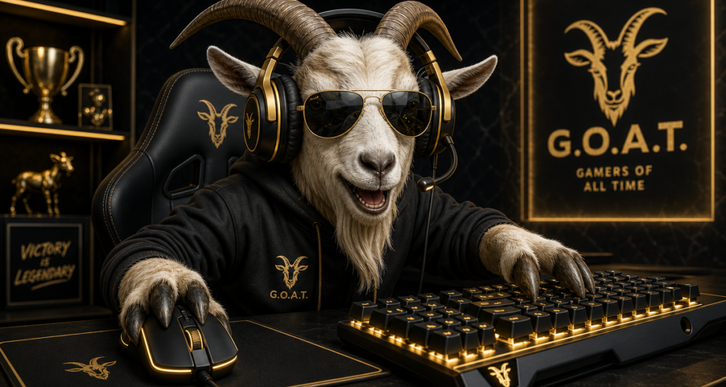 A goat gaming excitedly on his gaming PC setup