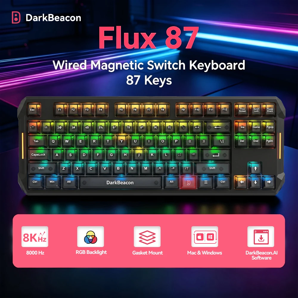 DarkBeacon Flux 87 HE Magnetic Rapid Trigger Gaming Keyboard 80% TKL Wired RGB Mechanical Keyboard Hot-Swappable, 8K Hz Polling Rate, Gasket Mount, Red Switches, Anti-Ghosting for FPS Gamer Office Workers Compatible with Win/Mac