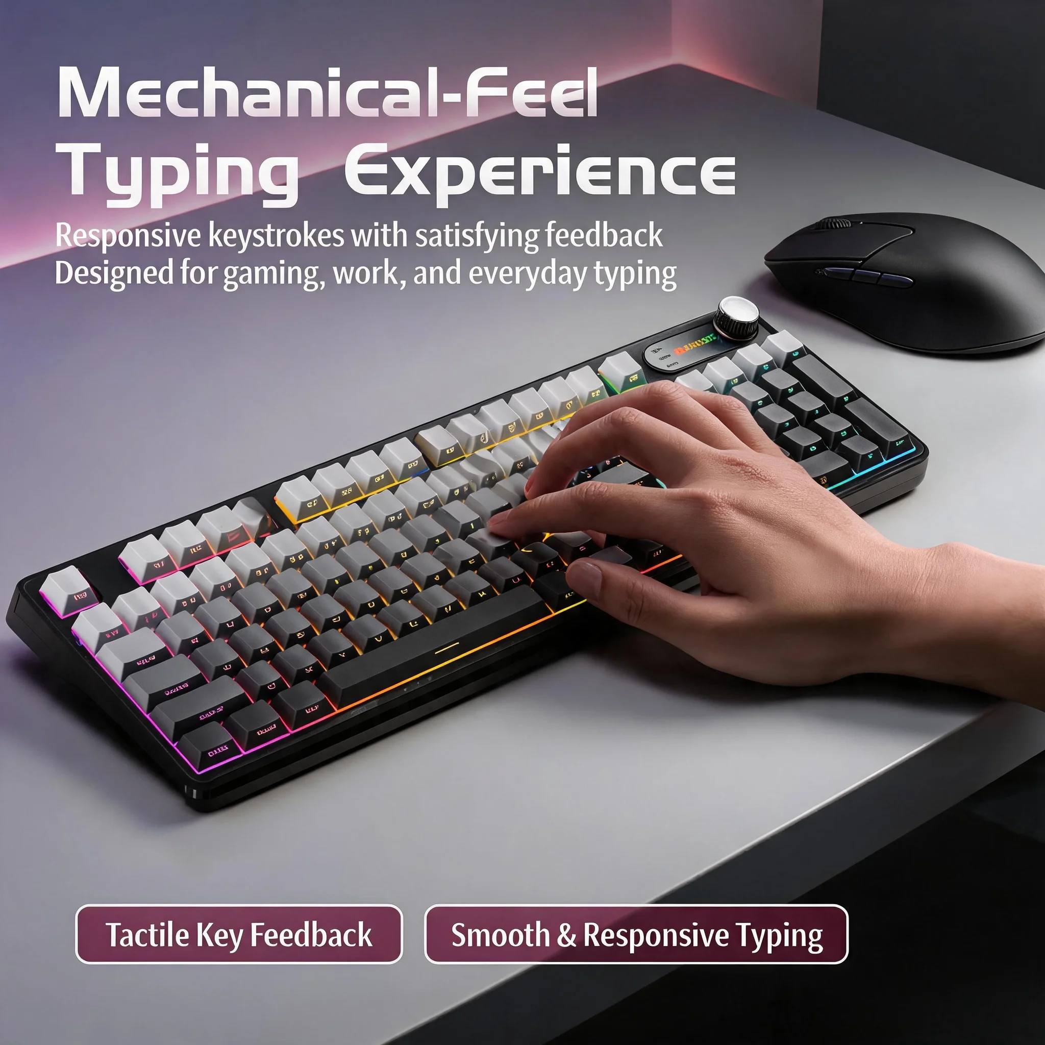Tri-Mode Wireless Keyboard Mechanical Style 98 Keys Bluetooth 5.0 2.4GHz USB-C Silent Membrane with Multimedia Knob RGB Compact 1800 Layout for Windows Mac iPad Tablet Multi-Device - Image 4