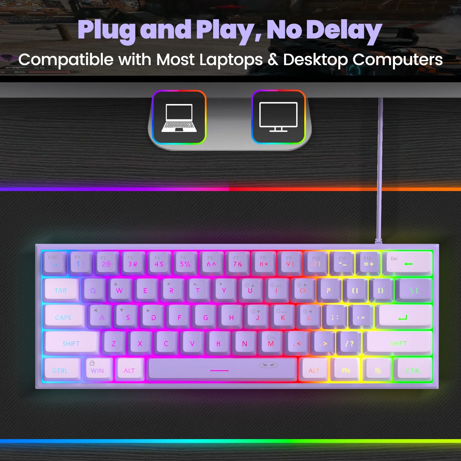 MageGee TS91 60% Gaming Keyboard 61 Keys RGB Backlit Mechanical Feeling Ergonomic for PC MAC PS4 Xbox One Gamer Office Use - Image 12